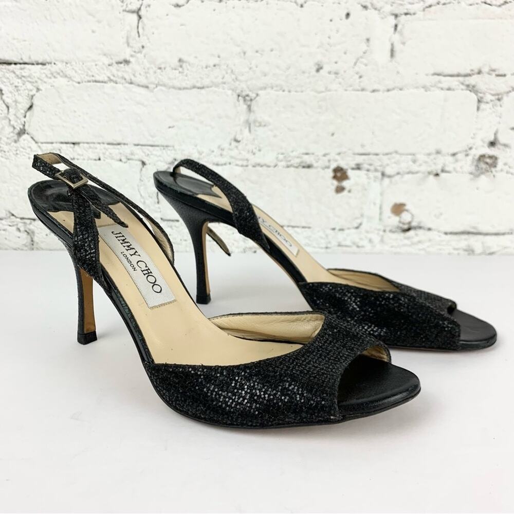 Jimmy Choo Laser Black Glitter Sparkle Slingback Peep Toe Stiletto Heel 38.5